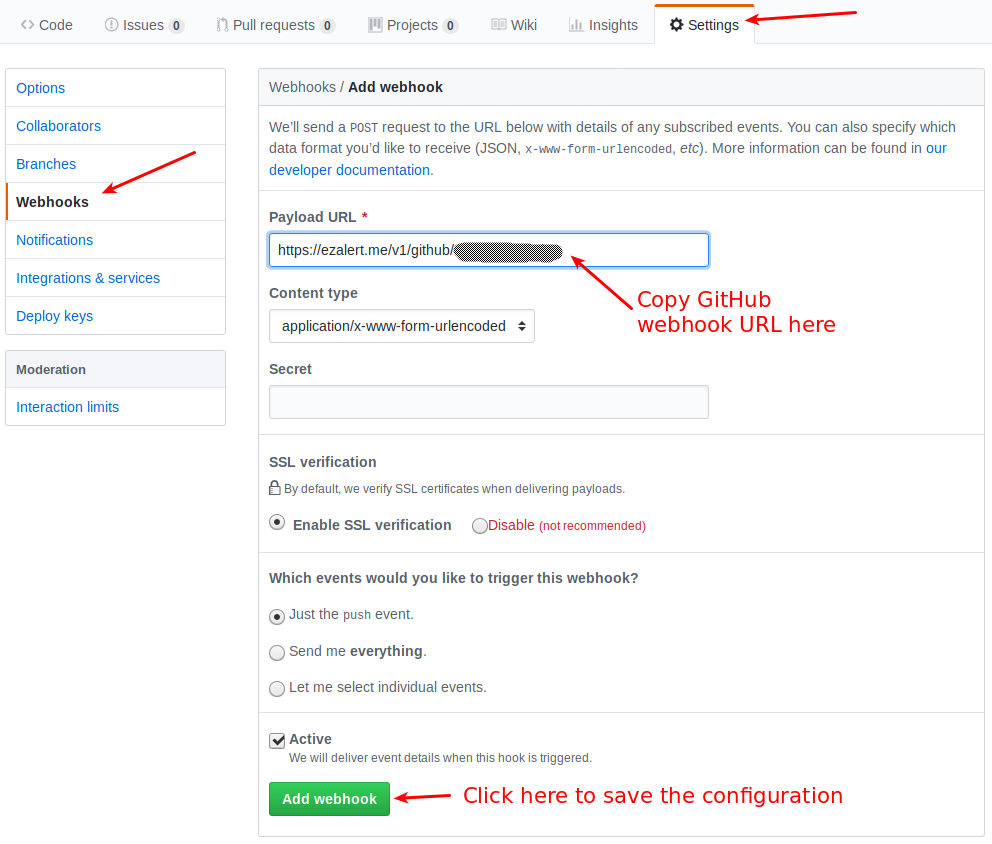 How to configure GitHub Webhooks